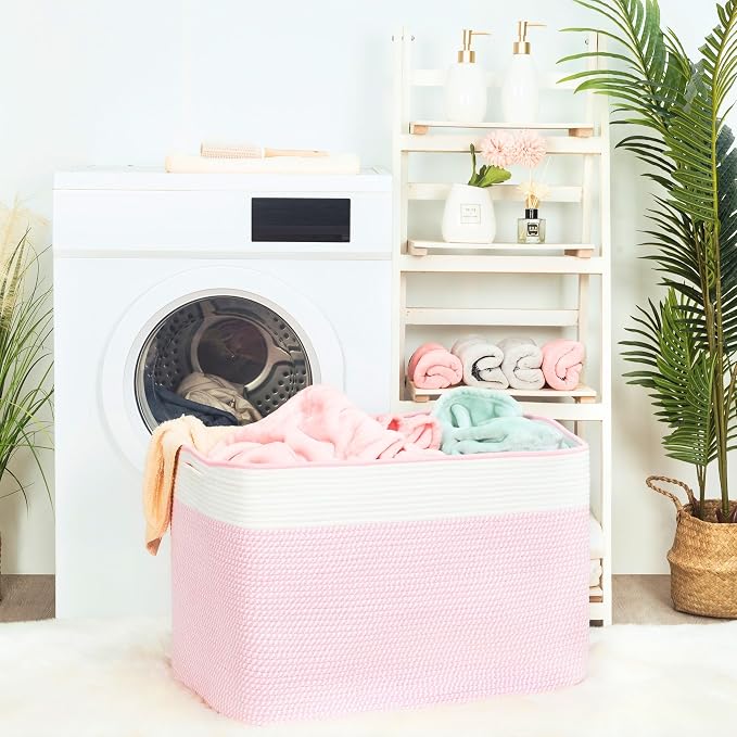 MINTWOOD Design 112L Extra Large Blanket Basket Holder Living Room, 25"x17"x16" Rectangle Rope Woven Storage Basket with Handles for Laundry, Towels, Shoes, Dog Toy Organizer Bin Box, Light Pink - Image 4