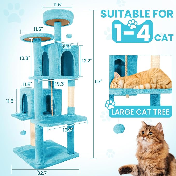 57inch Large Cat Tree Tower Condo for Indoor Cats, Soft Plush Multi-Level Climbing Tree Cat House with Cat Cave, Scratching Post, More Entrance/Exit, Sisal Rope, Light Blue - Image 2