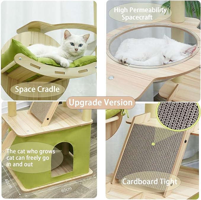 59.1-Inch-Green Cat Tree for Indoor Cats Large Adult, with Cat Condos,Cat Scratchers,Cat Hammock,Space Capsule, Plush Jumping Platform,Hanging Ball,Cat Trees for Indoor Cats(Green/Log Color) - Image 5