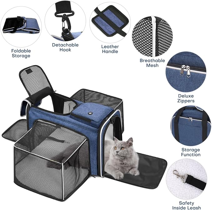 Pet Carrier, Large Soft Sided Expandable Travel Carrier with Steel Frame, Anti-Scratch Mesh, Removable Fleece Pad and Pockets for Cats, Dogs and Small Animals up to 15 lbs (Blue, 4 Sides Expandable) - Image 4