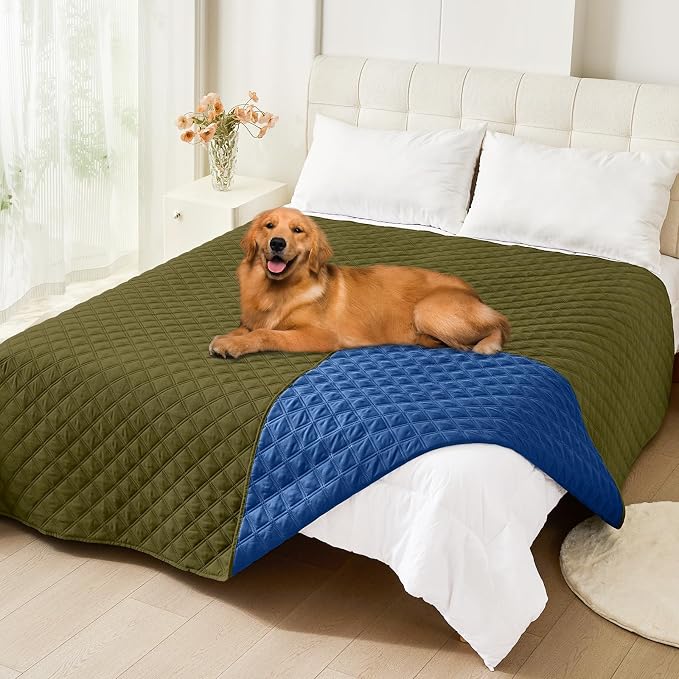 Smiry Waterproof Reversible Dog Bed Cover Pet Blanket | Pet Friendly, Soft Fabric, Washable Dog Blanket for Furniture Bed Couch Sofa, Checkered (82"x82", Green/Navy) by Smiry