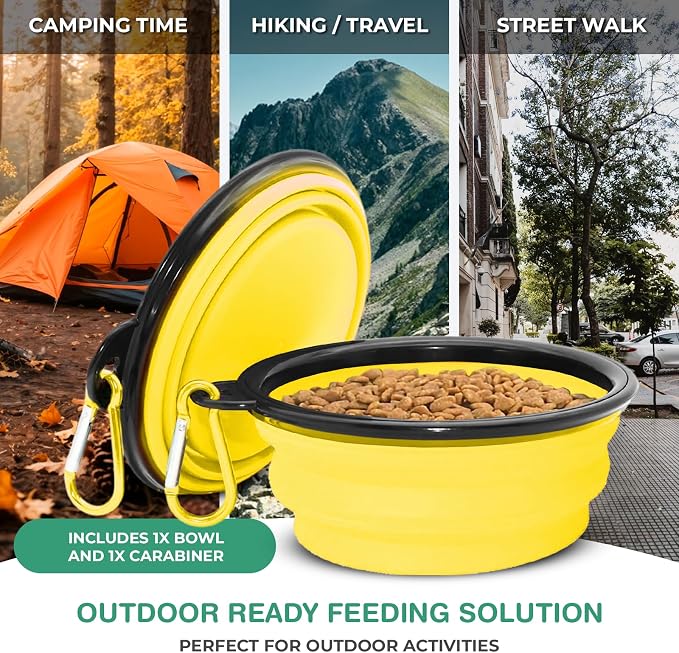 Collapsible Dog Water Bowls, Foldable Pet Feeding Dish, Yellow | Portable, Travel, Food Bowl, Dogs and Cats, Walking Hiking Camping, Carabiner, BPA Free - Image 5
