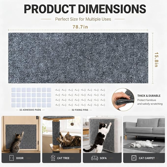 78.7"X15.8" Cat Scratch Furniture Protector, Anti Scratch Couch Protector from Cat Claws, Self-Adhesive Cat Scratching Pads, DIY Couch Cat Scratcher for Corner Sofa Wall & Door (Gray) - Image 2