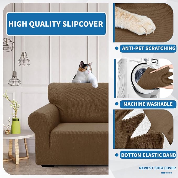 XINEAGE Stretch Jacquard Sofa Cover, Non Slip Sofa Slipcover for Dog | High-Stretch Fabric. Wear-Resistant, Pet Friendly. Easy Install & Washable for Living Rooms, Offices.Brown - Image 6