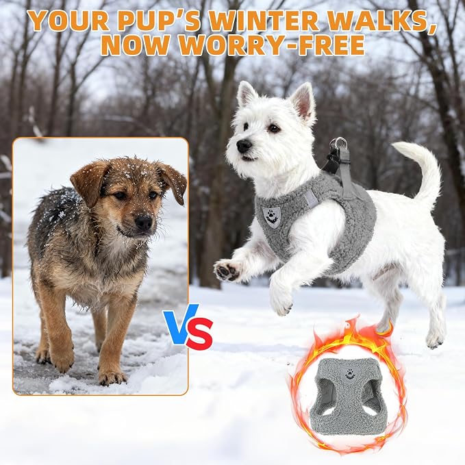 KOOLTAIL Plush Small Dog Harness and Leash Set, Warm Fleece No Pull Puppy Vest for Winter, Lightweight Reflective Step in Pet Harness for Medium Sized Dogs Boy Girl Outdoor Walking Cute Soft, Gray S - Image 8