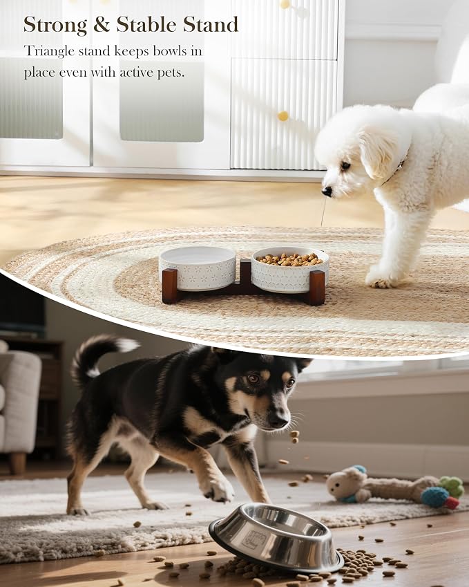 MALACASA Dog Bowl Set, Ceramic Bowls with Walnut Wood Stand, 1.5 Cups | Five-Leaf Grass and Honeycomb Design, Non-Slip Base, for Cats and Dogs, About 26% Heavier than Similar Ceramic Bowls - Image 6