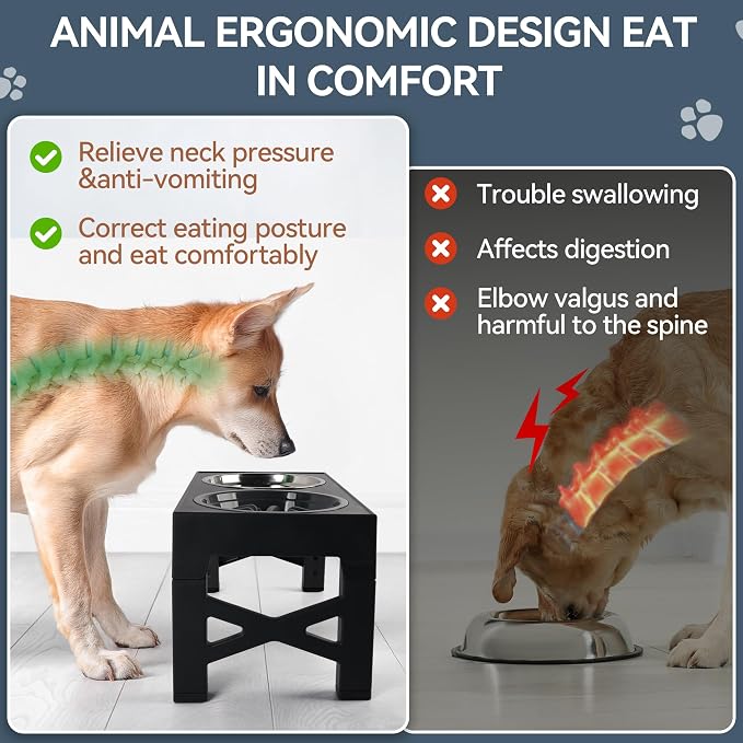 PAWISE Elevated Dog Bowls, 5 Height Adjustable Raised Dog Bowl Stand with 1 Slow Feeder Bowl & 2 Stainless Steel Bowls, Non-Slip Dog Feeding Station for Large, Medium, Small Dogs and Cats, Black - Image 4