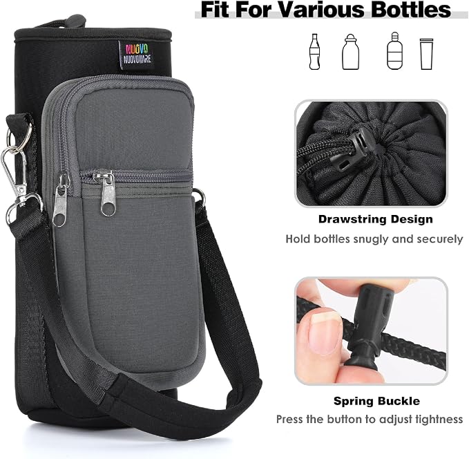 Nuovoware Water Bottle Carrier Bag, 25oz/32oz Bottle Holder with Adjustable Shoulder Strap, 2 Pocket Sling Bag - Neoprene Sleeve for Hiking, Travelling - Black/Gray - Image 7