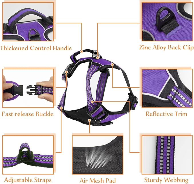 No Pull Dog Harness for Small Medium Large Dogs Adjustable Reflective Pet Vest with Front Clip Padded Harness for Dogs Easy Control Handle Best for Outdoor Training and Walking Purple XL - Image 2