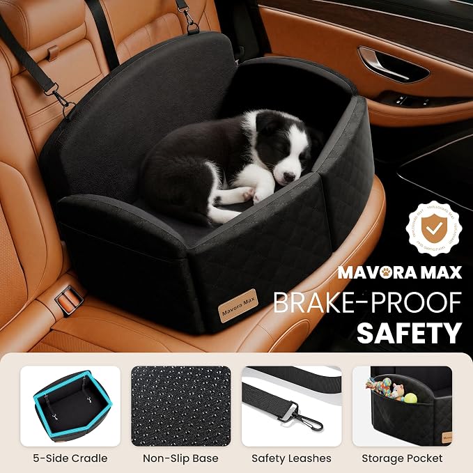 Dog Car Seat for Medium/Large Dogs, Pet Booster Car Bed up to 55lbs, Black | Dog Car Seat for 2 Small Dogs, Memory Foam Cushion, Detachable Washable Cover, 2 Safety Leashes, Non-Slip, Fits Back Seat - Image 3