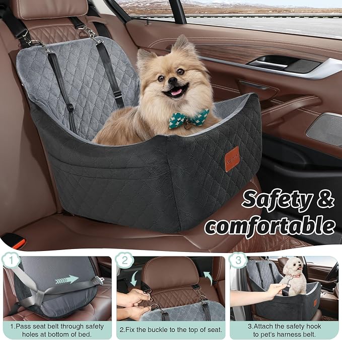 Lealchum Dog car seat for Medium Dogs,Easy to Install with Adjustable Straps,Anti Slip Bottom pet car Bed,Fully Detachable and Washable pet Travel Bed (Black/Grey, Medium) - Image 7