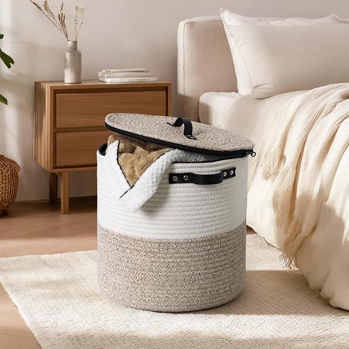 Storage Basket with Lid, 18"x14" Large Woven Blanket Storage for Living Room, Round Cotton Rope Bin with Zipper Top, Shoe Basket with Lid for Entryway, Floor Kids Dog Toy Bin Box with Cover - Image 7