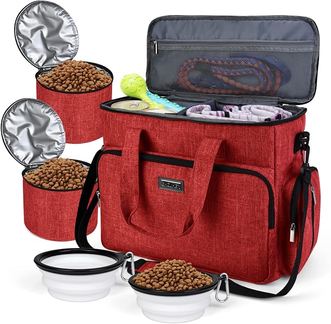 BAGLHER Dog Travel Bag, Pet Travel Bag (ALL Pet Travel Supplies), With 2 Pet Food Containers and 2 Collapsible Silicone Bowls; Essential Kits for Pet Travel Red by BAGLHER