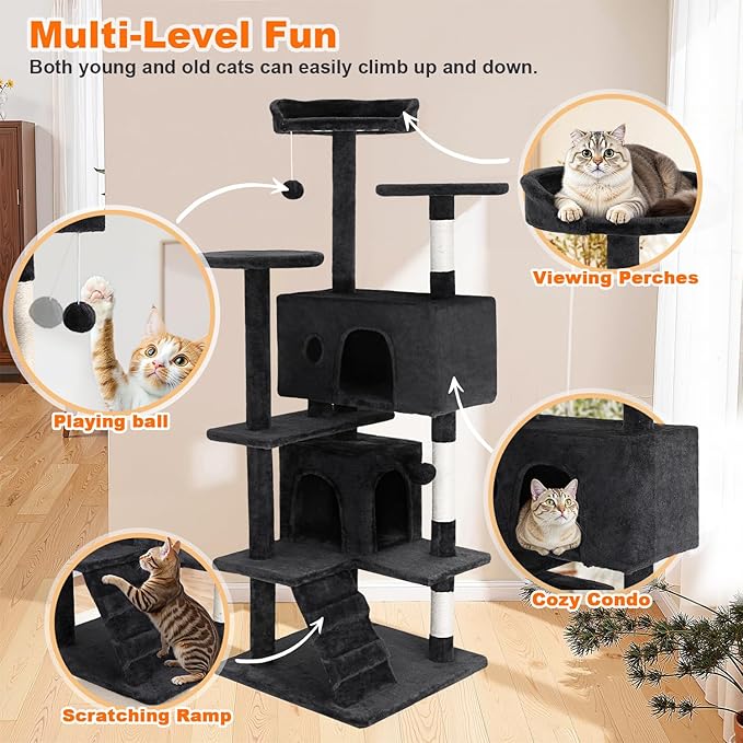 FDW Cat Tree 54in Cat Tower Multi-Level Durable Cat Scratching Post & Cozy Fun Cat Jumping Platform Space Saving Cat Condo Pet Play House for Indoor Cats,Grey - Image 6