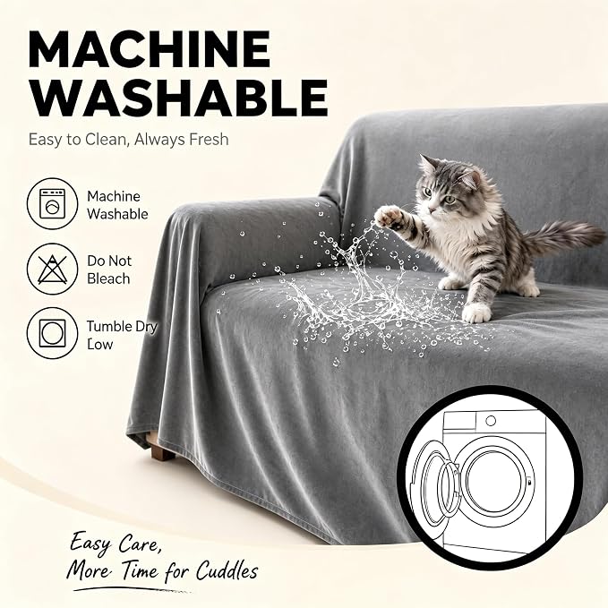 Loiion Cat Scratch Couch Cover Waterproof Sofa Cover 118"x71" Gray | Pet-Friendly Couch Protector, Anti-Scratch & Non Slip Sofa Cover For Cats Dogs Kids, Machine Washable - Image 6