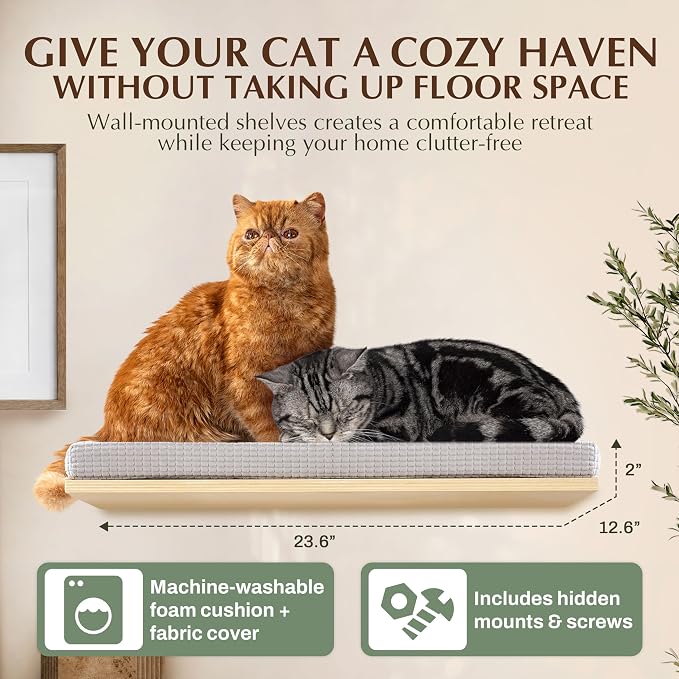 Extra Large 23.6”x12.6” CALLICO HAVEN- Stylish Cat Wall Shelves with Cushion, Modern Wall-Mounted Cat Tree Furniture, Window Cat Shelf & Perch, Sturdy/Hidden Mounts, Washable Cover - Flat Shape - Image 2