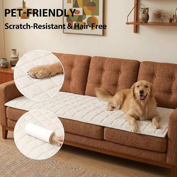 Fixwal Waterproof Corduroy Dog Couch Cover, 27.6" x 82.7", Off White | Integrated TPU Barrier, Non-Slip Backing, Machine Washable, Pet Friendly, Easy Clean Pet Hair, Soft Sofa Cushion Protector - Image 6