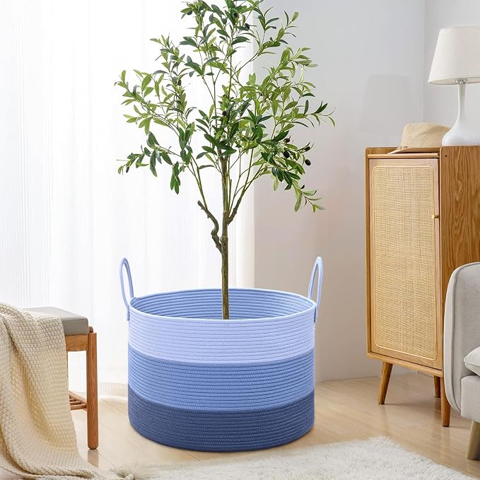 67L Large Woven Blanket Basket, Cotton Rope Baby Laundry Hamper with Handles, Kids Toy Basket for Classroom & Nursery, Soft Round Stuffed Animal Storage, Dog Toy Bin - 20"x13", Blue - Image 5