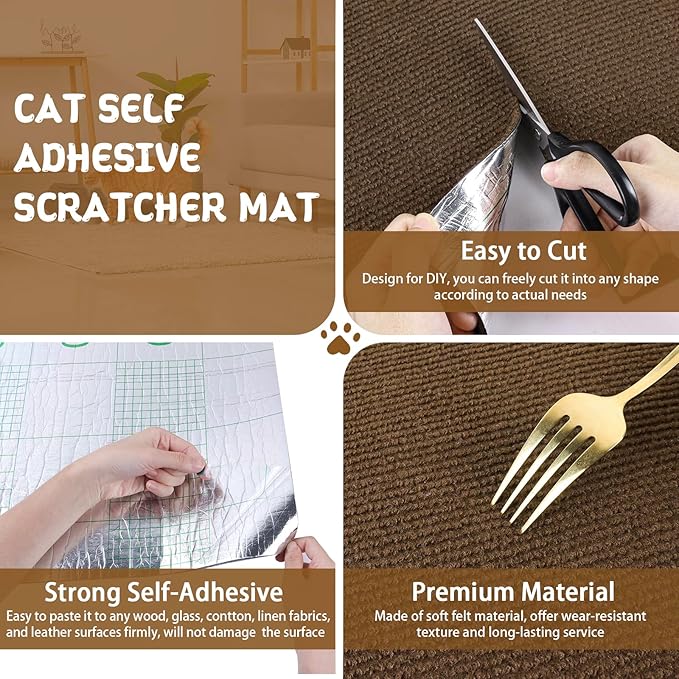 LSGCQ Cat Scratch Mat Self Adhesive Cat Scratch Furniture Protector | Self Adhesive Cat Scratching Mat Replacement for Cat Tree Post Couch Wall Furniture Protector (157.4" x 15.8", Brown) - Image 3