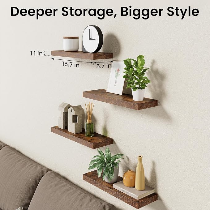 BAYKA Rustic Brown Floating Shelves 15.7in, Set of 4, Wall Mount Wood Shelf | Easy Install, 22lbs Max Load, Hidden Bracket, Hanging Shelf for Books Storage/Room Decor, Multi-Wall Compatible - Image 8