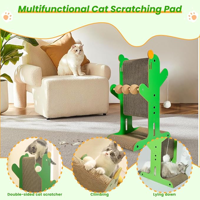 ​Cat Scratcher, Double-Sided Cat Cardboard Scratcher, T Shaped Vertical Cat Scratcher for Wall and Couch Protection, Cat Scratching Post with 3 Sisal Balls and 2 Plush Ball Toys - Image 3