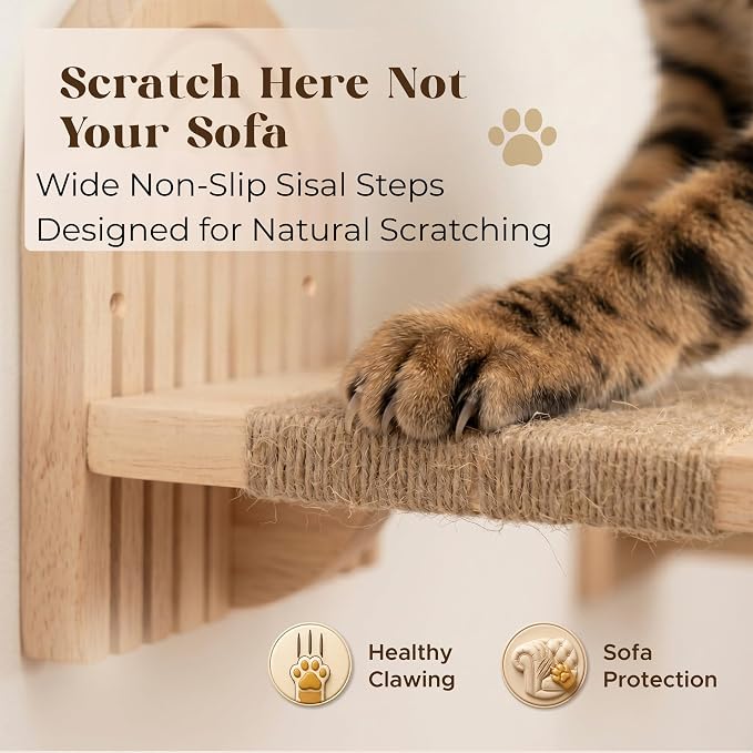 Wall Mounted Cat Hammock Bed with Steps - Wooden Wall Shelf for Cats - Paintable Natural Rubberwood - The Perfect Perch for Cats & Kittens - Image 3