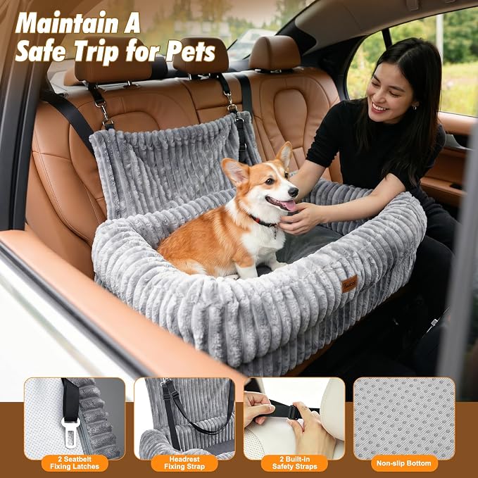 Pawaboo Dog Car Seat Bed, Memory Foam Booster for Medium/Large Dogs, Gray | Rear-seat pet travel bed with washable cover, safety leashes, thick cushion, and room for 2 small dogs - Image 4