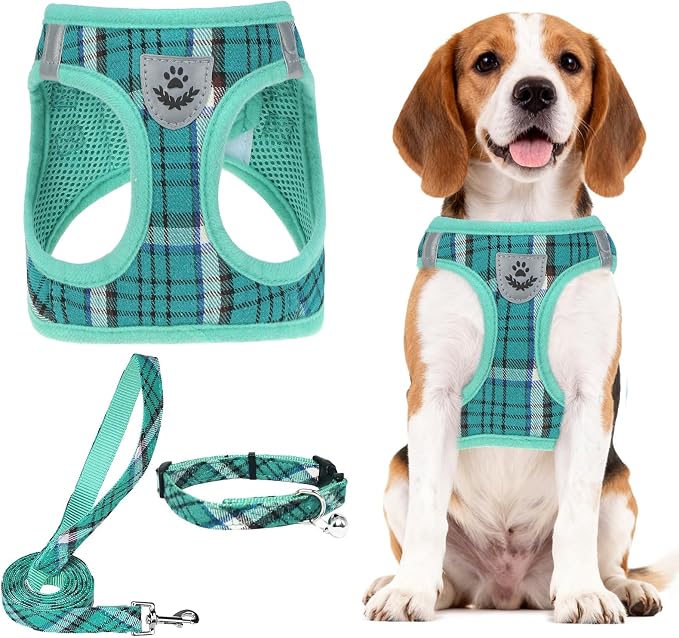 PUPTECK Dog Harness, Collar and Leash Set No Pull for Small Medium Sized | Plaid Puppy Step-in Escape Proof Reflective No Choke Pet Cat Adjustable Walking Vest by PUPTECK
