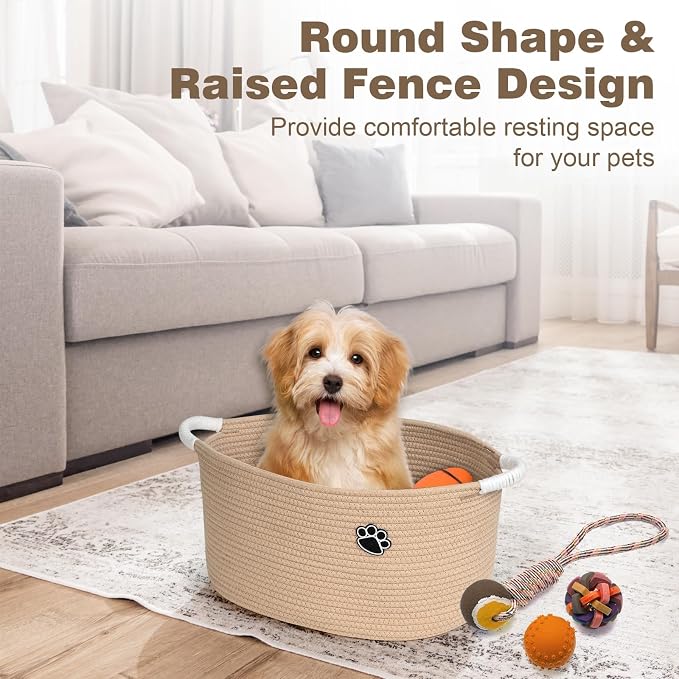 Optish 25L Medium Dog Toy Basket, Woven Rope Storage Baskets, Camel | 16.5" x 11" x 9" Toy Storage Box and Bin with Handles for Living Room, Bedroom Organization, Durable, Foldable, Home Decor - Image 4