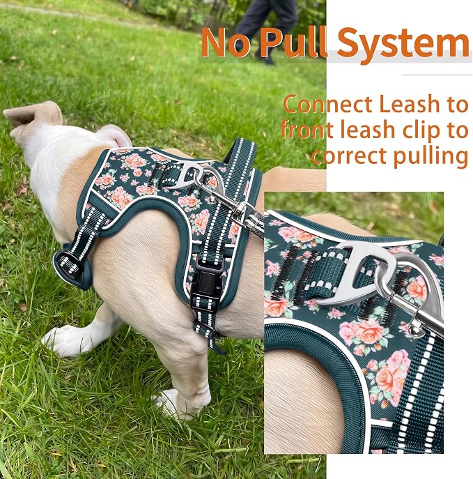 HEELE Dog Harness, Reflective, No Pull No Choke, Flower Blackish Green, M | Front Clip for Medium Dog Harness, 2 Metal Rings with Handle, Adjustable, Soft Breathable Padded Pet Vest for Night Walking - Image 4