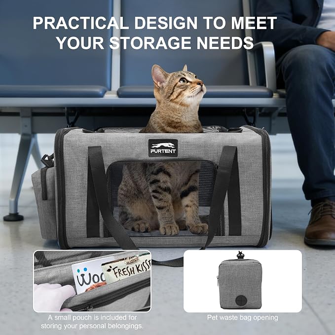 Soft-Sided Cat Carrier with Foldable Litter Box for Air Travel, Gray | A compact soft-sided carrier with a foldable litter box and organized storage for flights, car trips and hotel stays. - Image 7