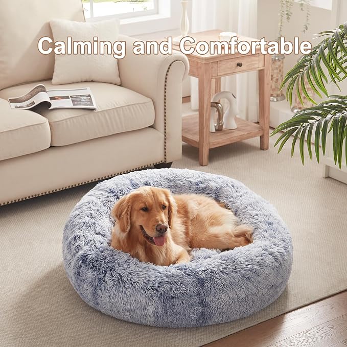 36 inches Faux Fur Fluffy Donut Dog Bed for Large Dogs,Dark Blue | Calming Plush Round Pet Bed with Removable & Washable Cover,Fits up to 80 lbs Pets - Image 2