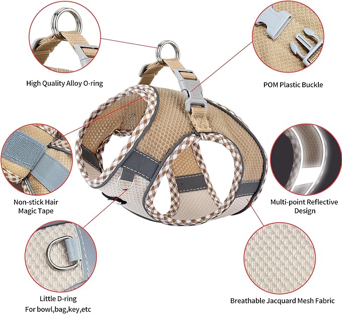 Teacup Puppy Harness and Leash Set Escape-Proof, Brown-Beige S | No Pull Step-in Vest, Breathable Mesh, Reflective Design with High-Stick Magic Tape, Outdoor Use for Poodles, Pomeranians - Image 9