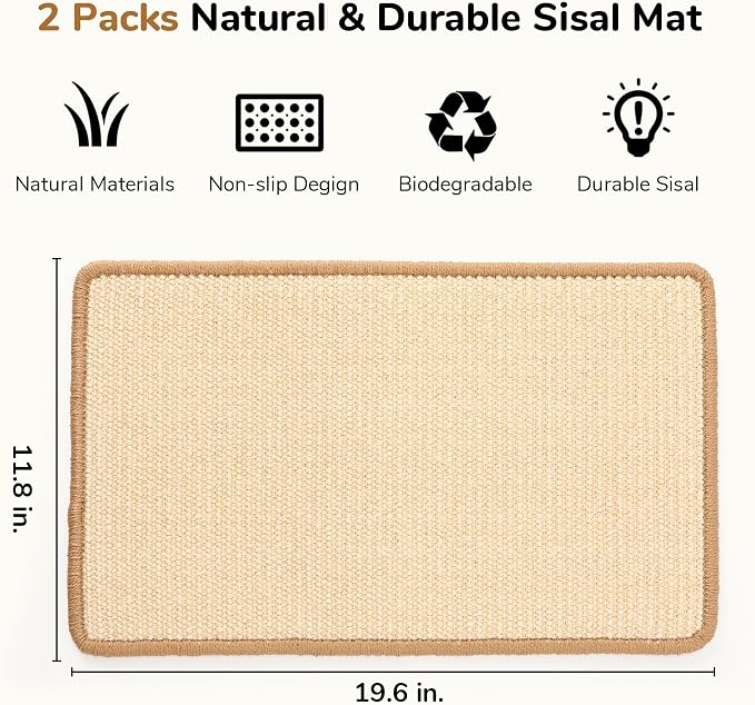 FUKUMARU 2 Packs Cat Scratching Mat, 19.6 x 11.8 Inch Cat Scratcher Pad | Natural Sisal Cat Scratch Mat for Indoor Cats, Horizontal Cat Wall Scratcher Floor Rug with Sticky Tapes, Furniture Protector - Image 2