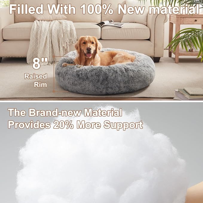 36 inches Faux Fur Fluffy Donut Dog Bed for Large Dogs,Dark Grey | Calming Plush Round Pet Bed with Removable & Washable Cover,Fits up to 80 lbs Pets - Image 3