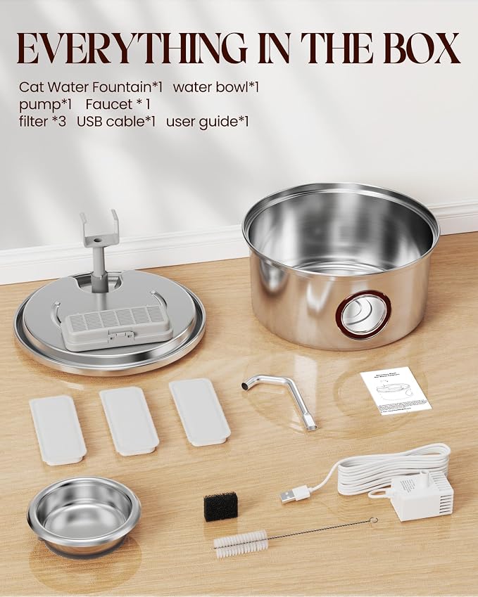 Hicuper Stainless Steel Cat Water Fountain with Bowl 108oz/3.2L | Removable Water Bowl,Water Level Window,Quiet Pump,Multi-Filter,Water Tap,3 Filters,for Dog Cats - Image 9