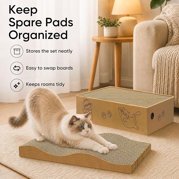 5 Packs Cat Scratcher Set with Storage Box, 2 Wave Lounge Pads + 3 Flat Corrugated Cardboard Scratch Pads for Indoor Cats, Replaceable Scratch Boards to Protect Furniture - Image 8