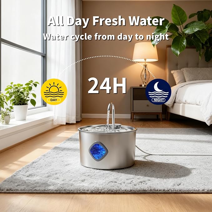 Cat Water Fountain Stainless Steel: 108oz/3.2L Cat Fountain for Drinking - Pet Water Fountains for Cats Indoor - Cat Water Bowl Dispenser - Pets Feeding & Watering Supplies - Water Level Window - Image 3