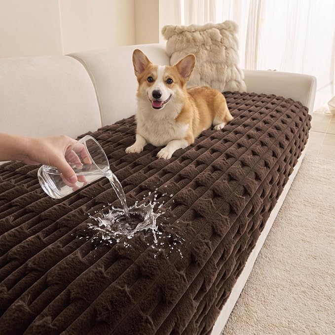 MYSKY HOME Couch Cover for Dogs, Plush Soft Sofa Cover Washable, Fuzzy Couch Covers for 3 Cushion Sofa Pet Friendly, Waterproof Non-Slip Sofa Slipcover Furniture Protector, Chocolatey, 35" x 83" by MYSKYHOME