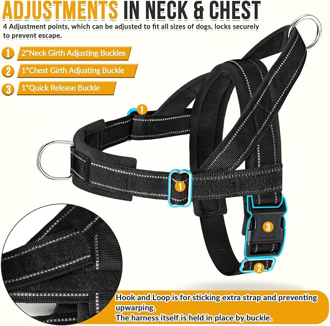 SlowTon No Pull Dog Harness with Front Clip - Heavy Duty, Soft Padded | Neck & Chest Adjustable, Tactical Pet Vest and Leash Set for Large Medium Sized Dogs, for Easy Walk & Training, Black L - Image 5
