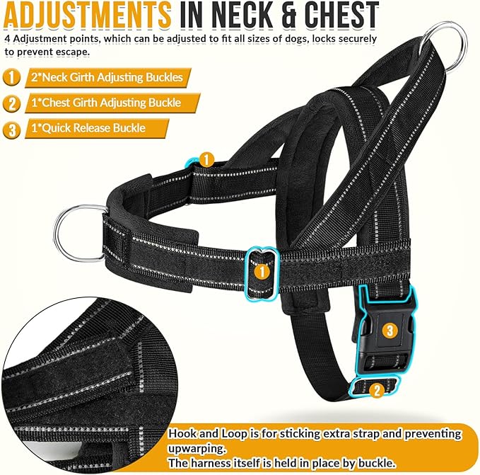 Lukovee No Pull Dog Harness and Leash Set, Soft Padded Vest with Front Clip | Adjustable, No Choke, Reflective,Durable Easy Control Pet Vest Harness for Safe Walking for Medium Large Dogs (Black, L) - Image 3