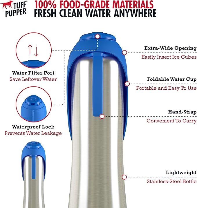 PupFlask Large Dog Water Bottle, Portable Stainless Steel Travel Bowl | 27 or 40 oz Leak-Proof Drink Dispenser with Built-In Cup and Carry Strap for Walking, Hiking and Travel; For All Dog Breeds - Image 5