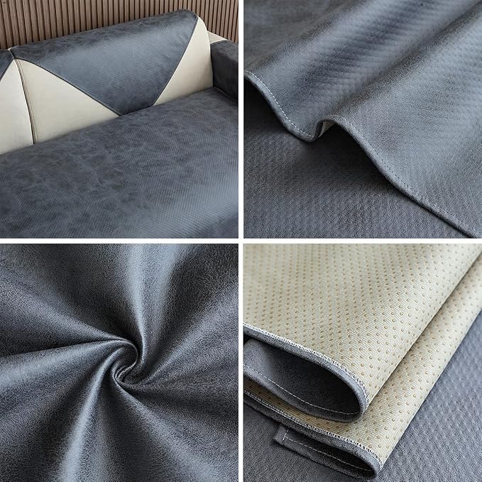 vctops Vintage Leather Look Sofa Cover Water Resistant Non-Slip Sectional Couch Cover Sofa Slipcover for Dogs, Children, Pets Furniture Protector (Grey,43"x82") - Image 5