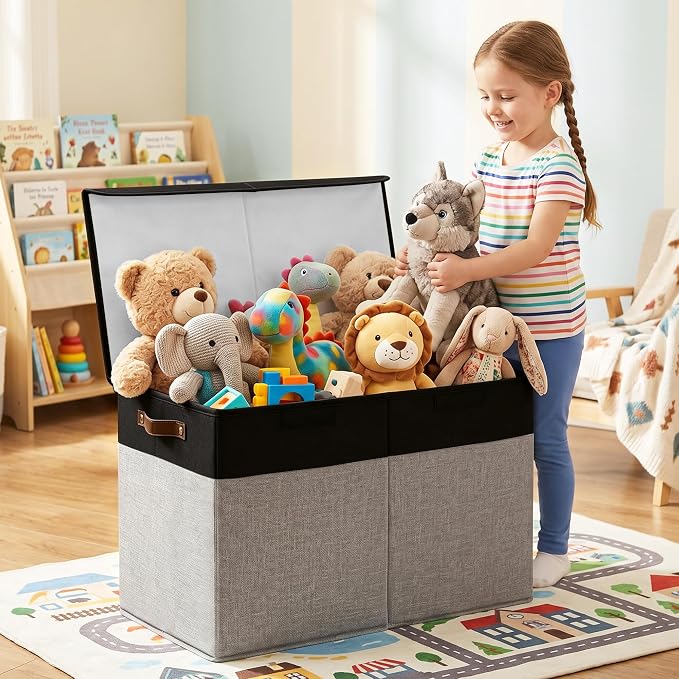 Bagnizer Large Toy Storage Box with Lids, Collapsible Sturdy Baby Storage Organizer Chest Bin Basket for Kids, Boys, Girls, Playroom, Nursery, Bedroom, Closet 25"x13"x16" (Gray and Black) - Image 2