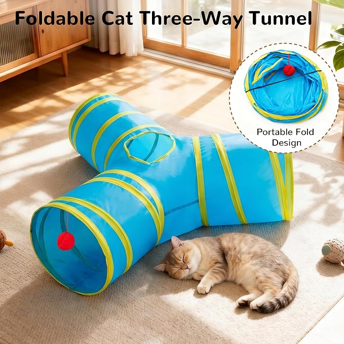 Tempcore Cat Tunnel for Indoor Cats, 3 Way Collapsible Pet Play Tunnel with Teaser Wand, Peek Holes & Hanging Ball, Interactive Tube for Kittens & Rabbits, Blue & Yellow - Image 6
