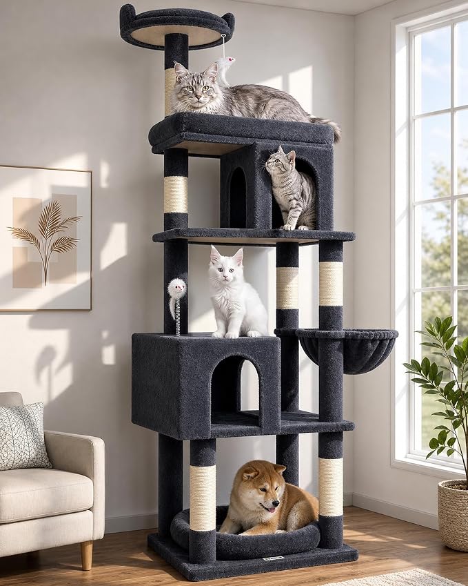 Globlazer Heavy Duty Cat Trees for Large Cats, Sturdy 72in Maine Coon Cat Tree for Large Cats 20 lbs+ Heavy Duty Cat Tower for Adult Biggest Cat with 6 Scratching Posts, Hammock, S72, Dark Gray by Globlazer