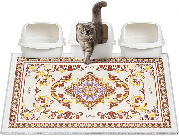 Washable Cat Litter Mat 48"x36" Waterproof Trapping Pad | Kitty Litter Box Mat Featuring A Non-Slip Base And Decorative Design To Trap Scatter For Home Floor Protection by Hedgeink