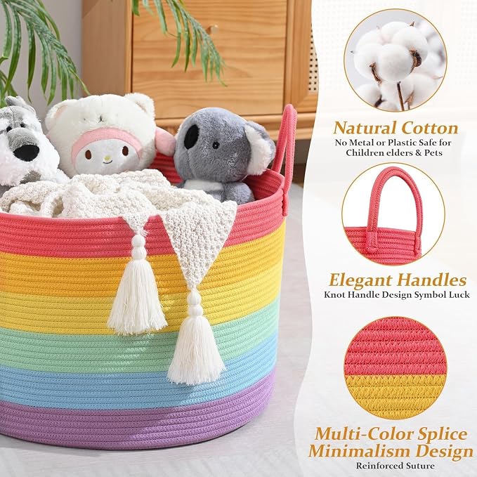 67L Large Rainbow Blanket Basket, Cotton Rope Baby Laundry Hamper with Handles, Kids Toy Basket for Classroom & Nursery, Soft Round Stuffed Animal Storage, Dog Toy Bin - 20"x13", Rainbow - Image 3