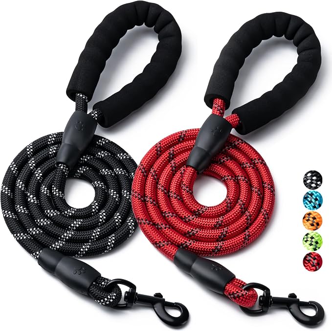 2 Pack Dog Leash, Heavy Duty Nylon Rope Pet Leashes(4FT-1/2,Black/Red) | Comfortable Padded Handle, Anti-tangle Swivel Clip, Reflective for Night Walks and Training, Climbing Rope for Strong Pullers by BOOMIBOO