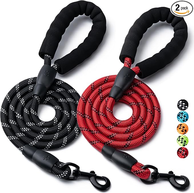 2 Pack Dog Leash, Heavy Duty Nylon Rope Pet Leashes(6FT-3/8,Black/Red) | Comfortable Padded Handle, Anti-tangle Swivel Clip, Reflective for Night Walks and Training, Climbing Rope for Strong Pullers by BOOMIBOO